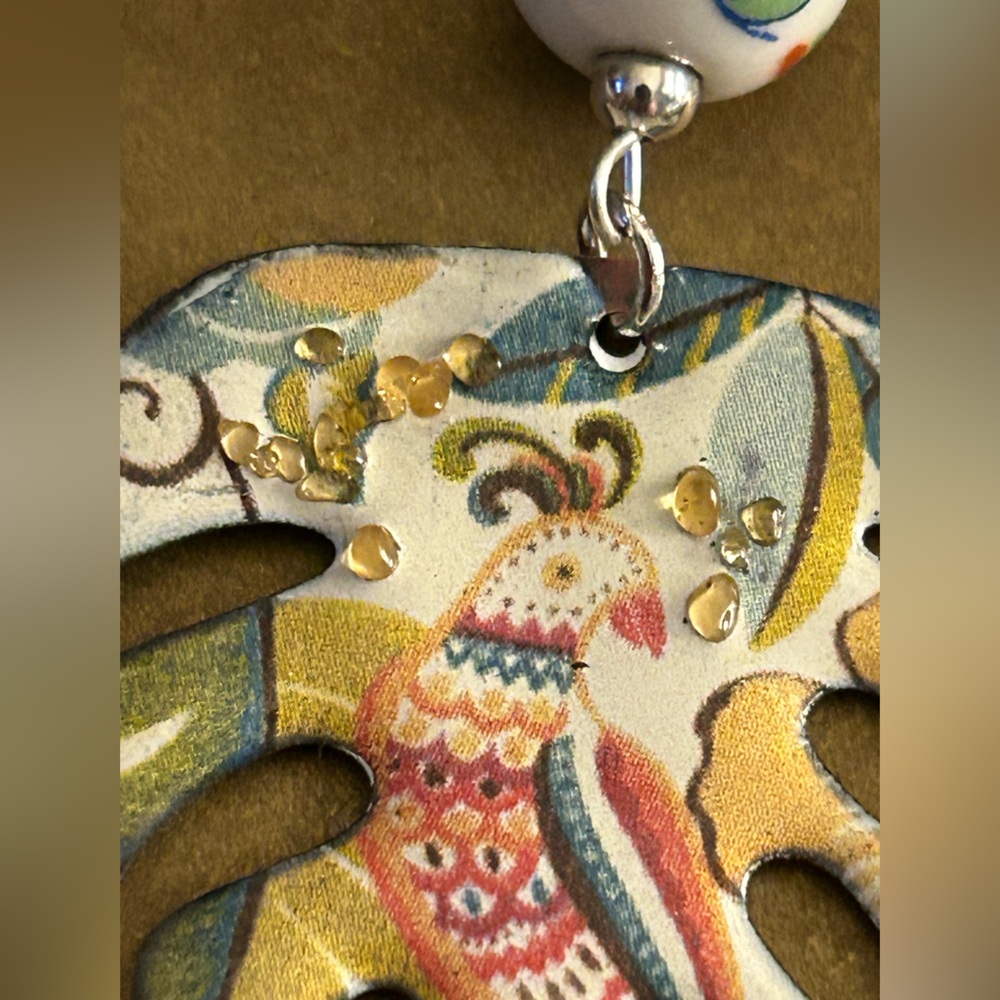 Earrings NWOT Artisan “Cockatiel, too” leaves Enamel Copper, ceramic beads 2.7” - Picture 11 of 14